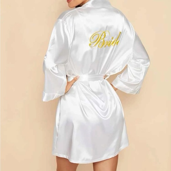 Letter Embroidered Self Belted Satin Bride Robe